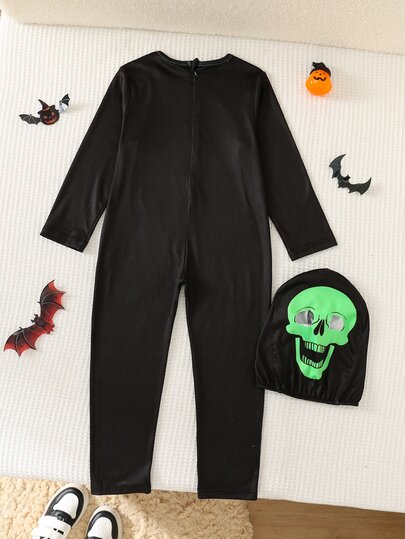 SHEIN Young Boy Simple Slim Kids Fit Crew Neck Long Sleeve Jumpsuit With Glow-In-The-Dark Effect, Suitable For Autumn/Winter, Halloween, Party