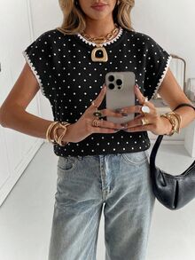 Siren Gaze Women's Vintage Shell Embroidery Polka Dot Knit Top - Black - View 3