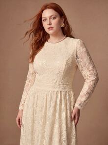MOTF PREMIUM PLUS SIZE WOMEN'S LACE & PEARL CHAIN DECOR DRESS - Beige - View 6