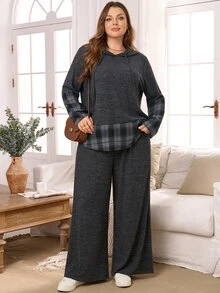 EMERY ROSE طقم نسائي مقاس كبير بتصميم مربعات وألوان متباينة، ملابس علوية بقلنسوة وبنطال، كاجوال للاستخدام اليومي - رمادي غامق - مشاهدة 6