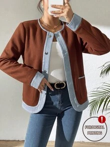 SHEIN Raffinéa Women's Autumn/Winter Fashion Commuter Round Neck Solid Color Patchwork Effect Long Sleeve Jacket, Suitable For Daily Wear, Elegant And Sophisticated - Brown - View 2