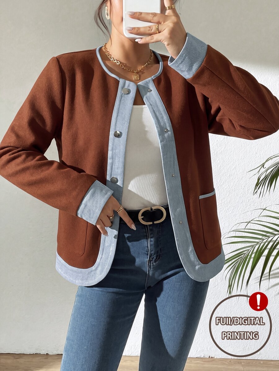 SHEIN Raffinéa Women's Autumn/Winter Fashion Commuter Round Neck Solid Color Patchwork Effect Long Sleeve Jacket, Suitable For Daily Wear, Elegant And Sophisticated