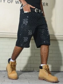 GALLERY FADE Men's American Street Hip-Hop Gothic Style Rhinestone Party Lifestyle Black Washed Bermuda Denim Shorts - Black - View 5