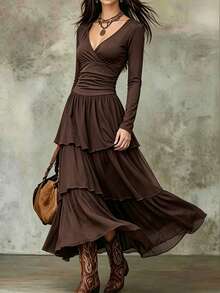 Balvessa Vacation Casual Boho Multi-Layer Long Dress Vacation Dark Brown Autumn - Brown - View 5
