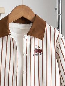 Souflis Children's Spring/Fall/Summer Striped Set Minimalist & Exquisite Fresh & Able Shirt With Black Pony Logo Decoration Suitable For Spring/Summer Daily W - Brown - View 3