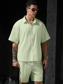 Genlund 男士條紋短袖襯衫與短褲休閒日常穿搭 - 綠色 - 查看 4
