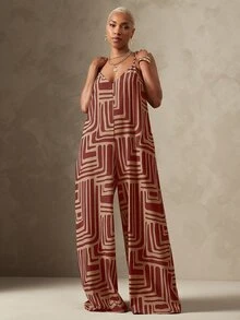 Vixey Geometric Print Woven V Neck Adjustable Cami Strap Ultra Wide Leg Flowy Jumpsuit - Burgundy - View 4