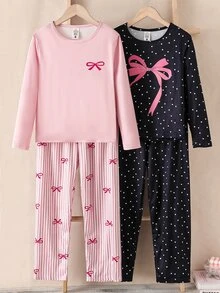 Genkimix Kids 2 Sets Tween Girl Knitted Bowknot Print Round Neck Pullover Long Sleeve Pants 4-Piece Loungewear Set Spring Autumn - Multicolor - View 3