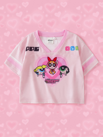 THE POWERPUFF GIRLS X SHEIN Young Girl Cartoon Print Short Sleeve T-Shirt