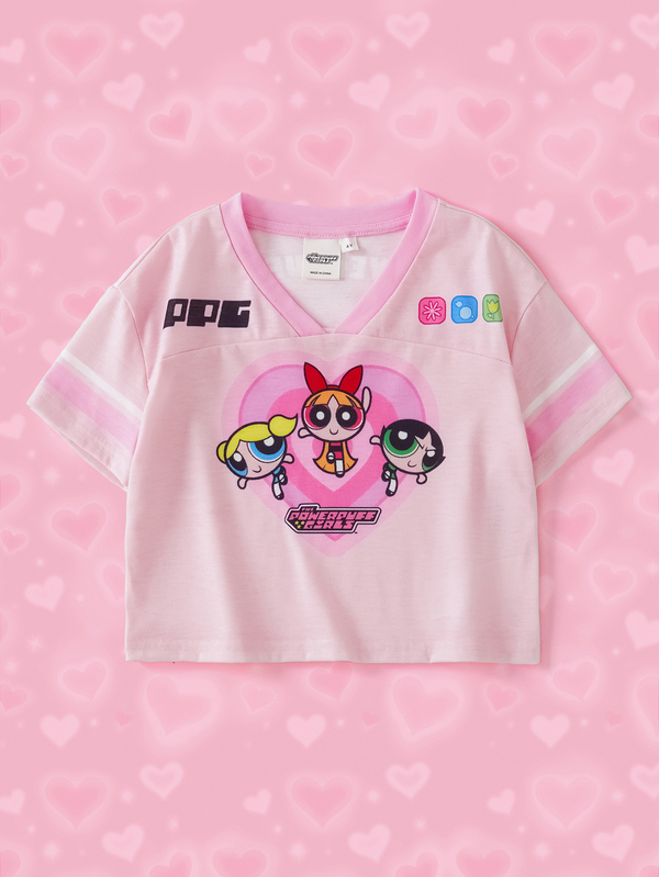 THE POWERPUFF GIRLS X SHEIN Young Girl Cartoon Print Short Sleeve T-Shirt