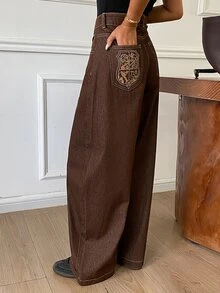 DAZY Women's Casual Versatile Daily Wear Denim Jeans With Pockets And Buttons Fall - Brown - View 1