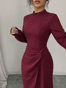 SHEIN Elenzya Gaun Pesta Elegan Wanita, Gaun Panjang Merah, Desain untuk Musim Gugur/Dingin - Merah - View 4