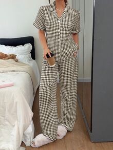Napfluff Bubble Crinkle Polka Dot & Plaid Print Short Sleeve Long Pants Pajama Set - Multicolor - View 6