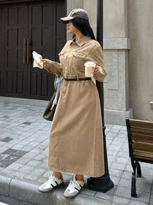 Rivivi Plus Size Women's Khaki Long Sleeve Slim Fit Flattering Denim Dress - Khaki - View 7