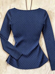 IslaSuriya Kaos Lengan Panjang Wanita Motif Polkadot Lipit Kasual Vintage Serbaguna untuk Pakaian Sehari-hari, Kencan, Setiap Hari, Warna Biru Tua, Musim Gugur - Navy Blue - View 2
