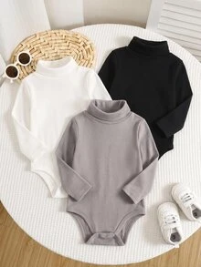 SHEIN 3件組新生兒男嬰/女嬰幼兒加厚保暖純色高領長袖冬季連身衣，黑白配色，秋季，基礎款，套裝，休閒 - 彩色 - 查看 2