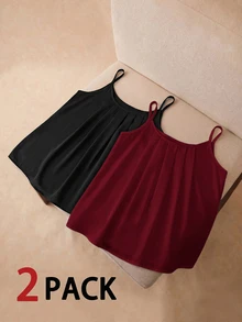 SHEIN Clasi 女款純色百褶休閒細肩帶背心上衣 2 件套 - 酒紅色 - 查看 7