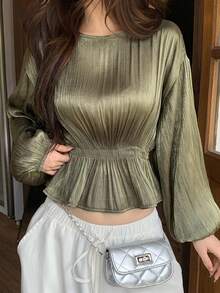DAZY 青少年女孩優雅純色燈籠袖收腰上衣 秋季 - 綠色 - 查看 12