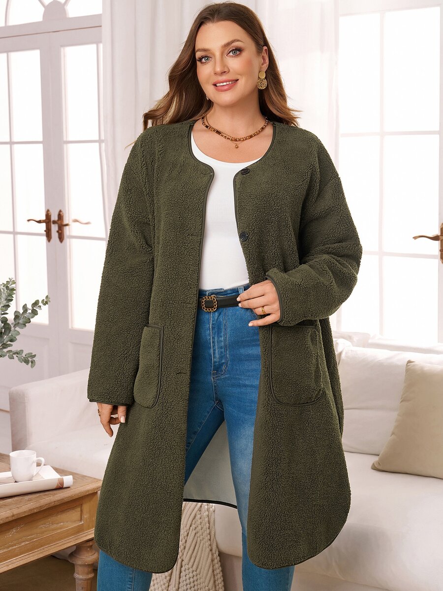 EMERY ROSE Plus Size Women Autumn/Winter Casual Vacation Fuzzy Army Green Solid Color Jacket With Pockets, Fall - Army Green - View 1