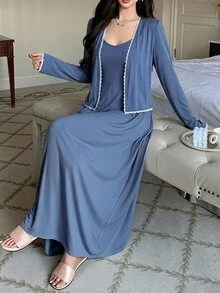 DAZY 2pcs/Set Women's Lace Patchwork Solid Color Long Sleeve Cardigan & Sleeveless Spaghetti Strap Long Dress Pajama Set Fall - Blue - View 3