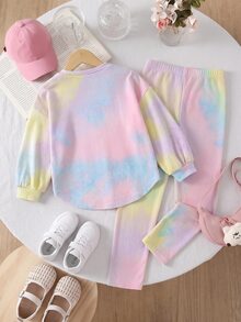 2pcs/Set Young Girl Fashion Casual Drop Shoulder Ribbed Knit "Smiling Face" Pattern T-Shirt & Leggings Pink Set - Comfortable Autumn Ribbed Knit Casual Outfit For Girls - Multicolor - View 2