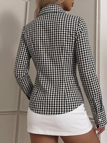 SHEIN EZwear Women's Knight Embroidery Street Plaid Button Shirt - Black and White - View 2