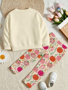 女童休閒舒適時尚清新可愛秋冬萬聖節可愛幽靈圖案圓領運動衫與花卉南瓜圖案內搭褲套裝 - 彩色 - 查看 2