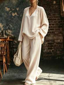 SHEIN 2pcs/Set Smooth Glossy Fabric Deep V-Neck Shoulder Gathered Loose 7-Point Wide Sleeve Cropped Top With Matching High-Waist Draped Floor-Length Wide-Leg Pants - Apricot - View 1