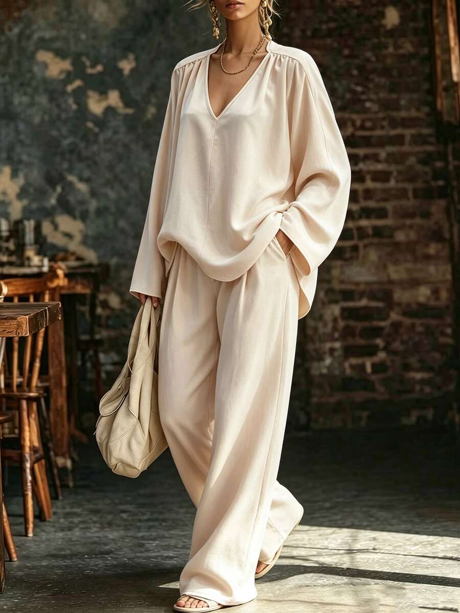 SHEIN 2pcs/Set Smooth Glossy Fabric Deep V-Neck Shoulder Gathered Loose 7-Point Wide Sleeve Cropped Top With Matching High-Waist Draped Floor-Length Wide-Leg Pants - Apricot - View 1
