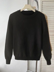 SHEIN 青少年女孩秋冬修身保暖內裡圓領長袖針織毛衣，適合日常通勤穿著 - 黑色 - 查看 4