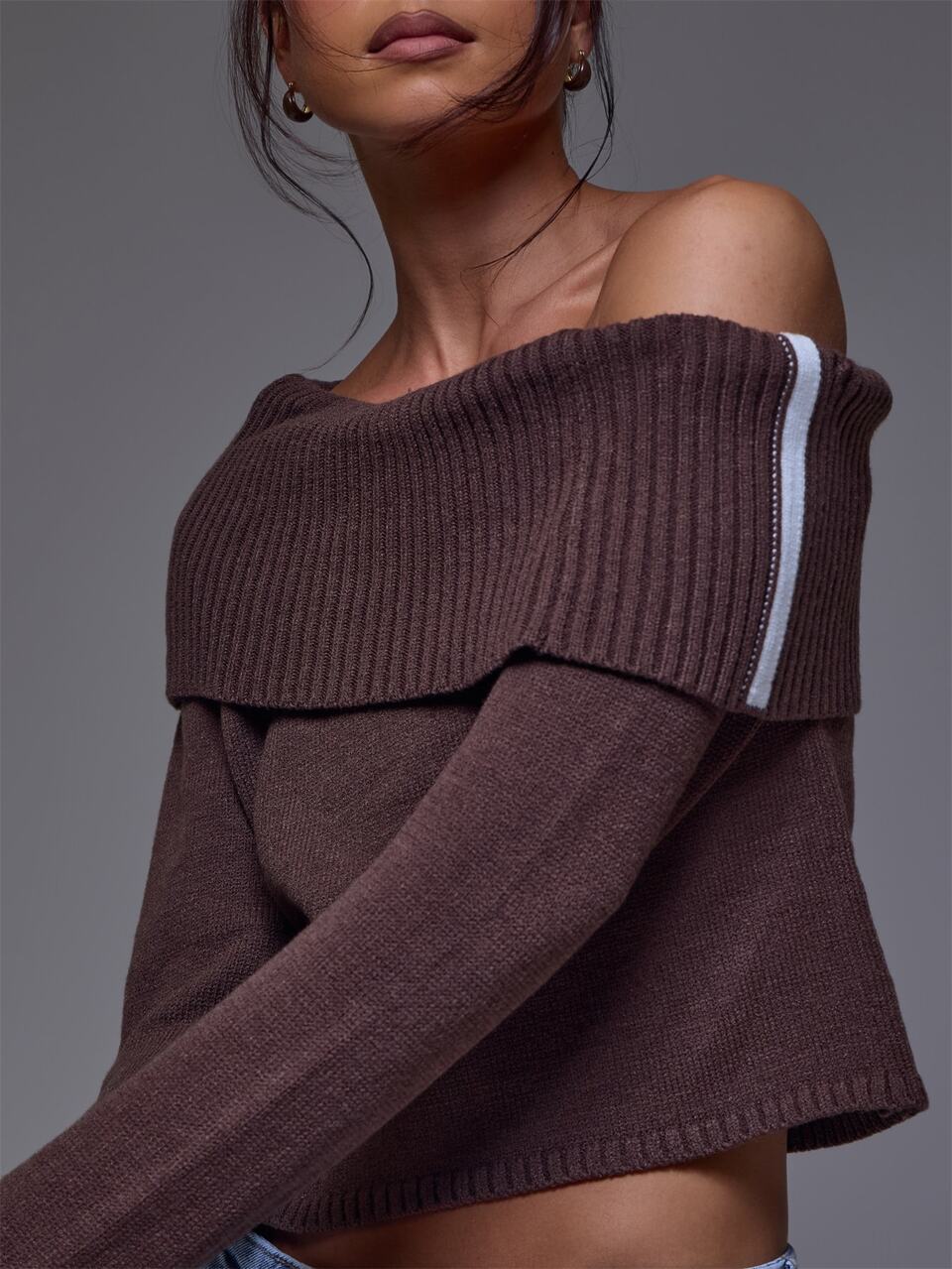 Brown Knit Off Shoulder Sweater With Stripe Detailing