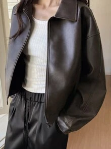 DAZY Women's Solid Color PU Leather Zipper Casual Versatile Daily Jacket - Black - View 3