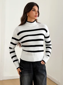 SHEIN Tall Women's Black And White Striped Turtleneck Long Sleeve Casual Sweater - Black and White - View 6
