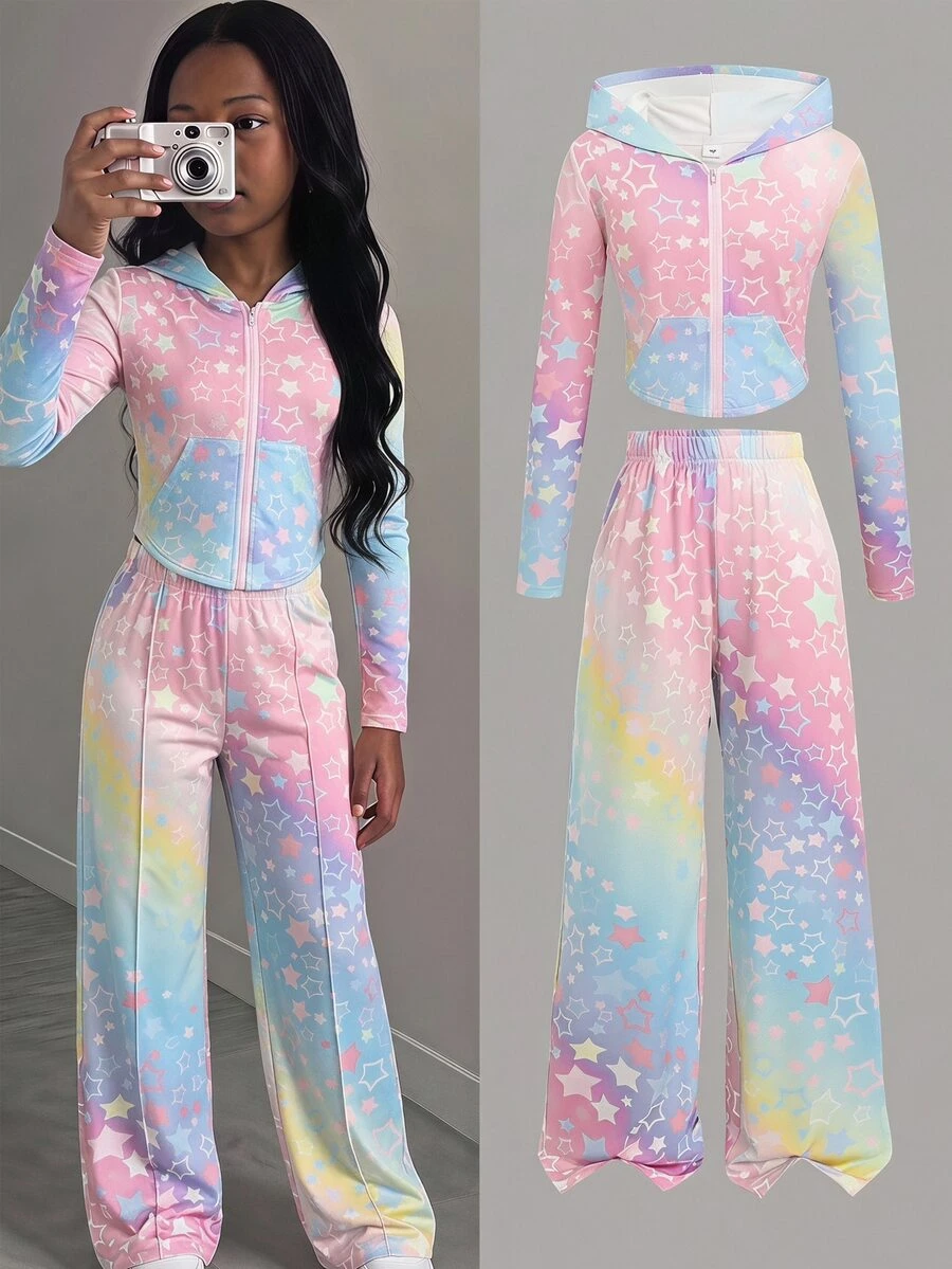 SHEIN 女童彩虹星星印花連帽外套與寬腿長褲2件套,街頭運動風,返校季,學院風 - 彩色 - 查看 1