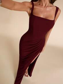 SHEIN BAE Spring/Summer Solid Sage Green Women's Strapless Ruched Fitted High Slit Ruched Maxi Mesh Dress, Tight Elegant Dress, Flowy Dress, Suitable For Vacation, Beach, Bridesmaid, Wedding, Spring/Summer Wear - Burgundy - View 3
