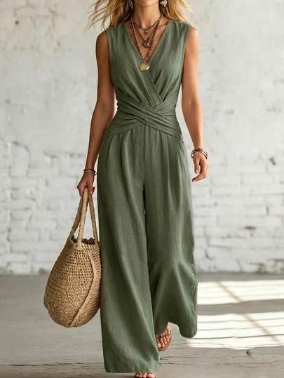 SHEIN Holidaya Jumpsuit Wanita Tanpa Lengan, Leher V, Pinggang Ramping, Kaki Lebar, Gaya Baru 2026, Serbaguna untuk Liburan, Pantai, Warna Khaki Polos, Pakaian Wanita untuk Perjalanan Sehari-hari, dan Pakaian Rumahan