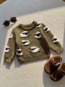 SHEIN 中性嬰兒男/女童、幼兒秋冬休閒可愛3D羊圖案圓領針織毛衣，嬰兒毛衣，萬聖節，聖誕節 - 軍綠色 - 查看 6