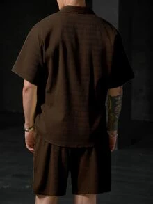 Genlund 男士紋理柔軟親膚條紋襯衫短褲套裝 - 咖啡棕 - 查看 2