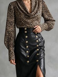 SHEIN Elegant Women's Blouses Leopard Print Puff Long Sleeve Shirts, Ruched Collar, French Vintage Autumn Fall Office Going Out Dinner/Date/Party Beige - Multicolor - View 5