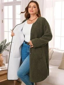 EMERY ROSE Plus Size Women Autumn/Winter Casual Vacation Fuzzy Army Green Solid Color Jacket With Pockets, Fall - Army Green - View 8