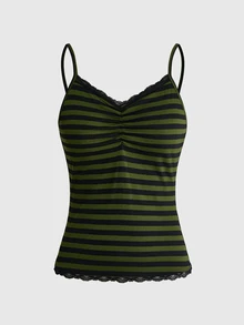 ROMWE Women's Lace Trim Striped Casual Versatile Daily Wear Camisole Tank Top - Army Green - View 1