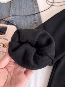 SHEIN 青少年女孩休閒街頭風抓絨豹紋帽子，適合校園與日常穿著的衛衣 - 黑色 - 查看 5