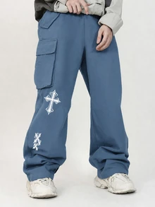 SHEIN 青少年/青年男孩適用於通勤、上學、日常休閒、旅行的秋冬長褲 - 藍色 - 查看 7