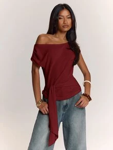 SHEIN BAE 春夏款純色杏色/沙色不對稱領口綁帶女款上衣 - 酒紅色 - 查看 1