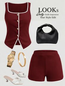 Lavishia Women's Piped Single-Breasted Tank Top And Shorts Casual 2 Pieces Set - Burgundy - View 2