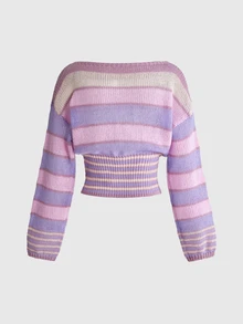 ROMWE Women Y2K Striped Drop Shoulder Cropped Sweater - Multicolor - View 2