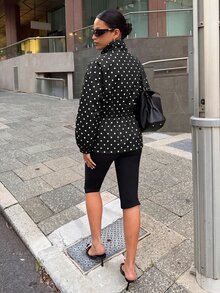 Muchica 女款波點圖案長袖休閒復古百搭夾克 日常旅遊穿搭 黑白配色 秋季 - 黑與白 - 查看 2