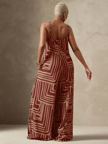 Vixey Geometric Print Woven V Neck Adjustable Cami Strap Ultra Wide Leg Flowy Jumpsuit - Burgundy - View 5