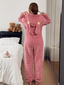 SHEIN Soft Cute Animal Shaped Long Ear Hooded Plush Soft Cozy One-Piece Pajamas Fluffy Comfortable Winter Style - Pink - View 3