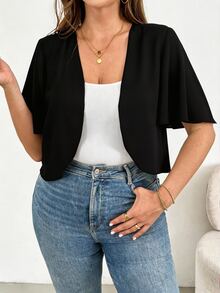 SHEIN Essnce 休閒黑色紋理布料大尺碼女款短袖輕便夾克 - 黑色 - 查看 6